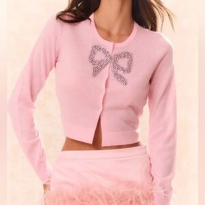 NWT LoveShackFancy Modine Pink Crystal Bow Embellished Wool Cardigan $395